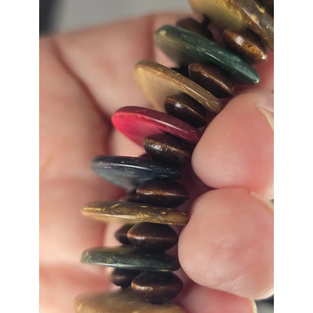 Vintage Stretch Bracelet Multicolor Shell Wood Beaded Boho Tropical Shell Tribal